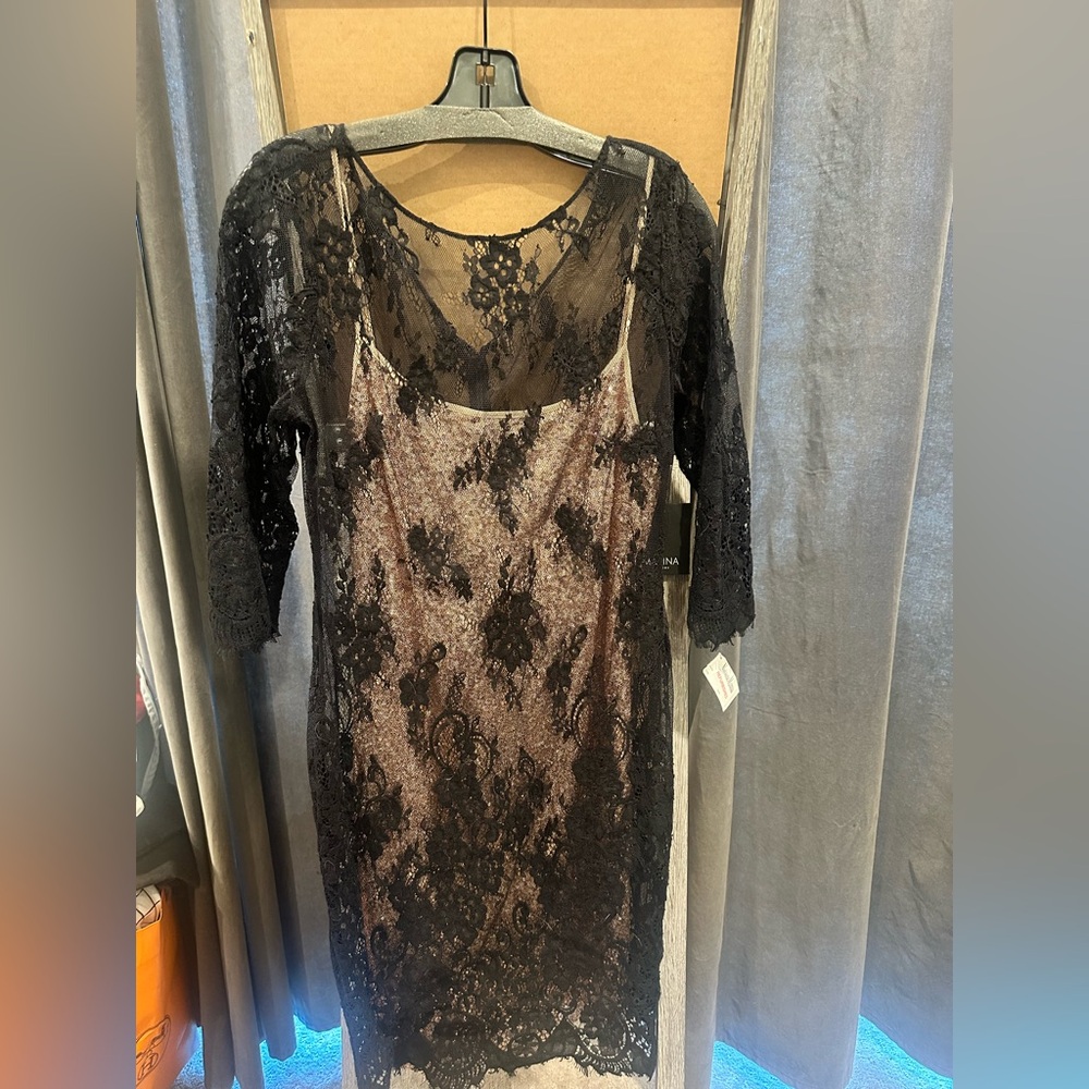MARINA Black and Sequin Lace Dress